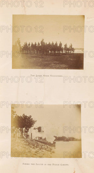 Soldiers in Shanghai for the Diamond Jubilee of Victoria of the United Kingdom, The light horse volunteers. Firing the salute in the public garden, photograph, page, photographer: WR Kahler (possibly), Shanghai, 1897, paper, albumen print, height 264 mm x width 175 mm, Photos opposite page 16., commemoration, jubilee, ruler saluted with gun-fire, A faded sepia page with two rectangular photographs mounted vertically, the upper photograph showing a line of mounted riders in dark uniforms and light helmets grouped on a flat shoreline with water visible in the background and horses casting shadows on the ground, the lower photograph depicting a shoreline with a sloped stone embankment, trees and a small crowd near the water, a cloud of smoke rising over the embankment toward the water, and distant buildings across the water, all surrounded by aged paper with spots and creases.
