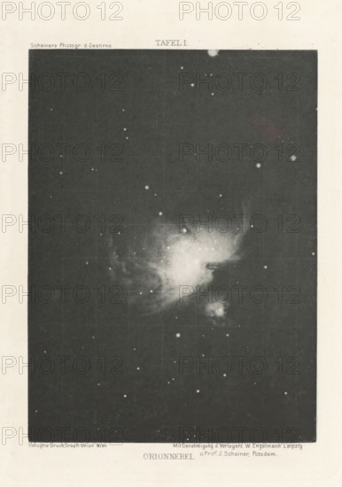 Orion Nebula, Orionnebel, page, photomechanical print, name: 'Scheiners Photogr. d. Gestirne Mit Genehmiging d. Vergers. W. Engelmann Leipzig u. Prof. J. Scheiner, Potsdam.', number: 'Tafel 1.', photographer: Julius Scheiner (possibly), maker: Graphische Union, Vienna, c. 1870 - in or before 1897, Graphic Union, Lower Austria, paper, photoaquatint, height 150 mm x width 110 mm, Print opposite title page., stars and constellations: Orion, A vertical rectangular dark panel fills most of the image, containing numerous small bright points scattered across a dark background and a larger irregular diffuse bright cloud with a slightly denser core and wispy extensions; the panel is set against a light textured border and shows faint straight gridlines over the dark area.
