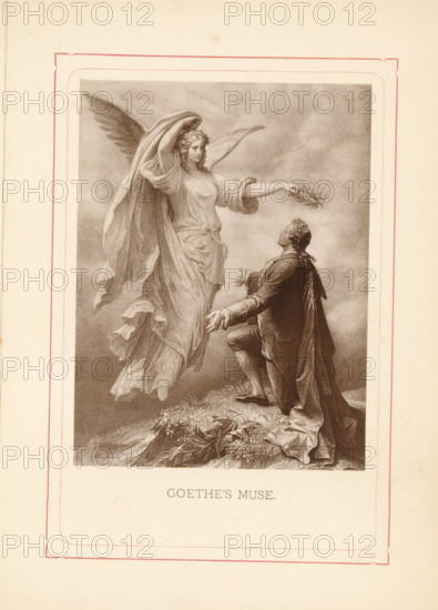 Photo reproduction of a drawing depicting Johann Wolfgang von Goethe being praised by his muse, Goethe's Muse, reproduction, page, photomechanical print, after drawing by Wilhelm von Kaulbach, c. 1875 - c. 1885, Wilhelm von Kaulbach, after drawing by, paper, collotype, photoprint, height 127 mm x width 96 mm, Print for page 7., Person, Johann Wolfgang von Goethe, portrait of a writer, single Muses, honoring the artist with laurel wreath, A sepia-toned illustration shows a robed winged female figure floating above a rocky, plant-covered ground, her flowing garments and drapery billowing and one arm raised above her head while the other arm reaches outward holding a wreath-like object; below her, a kneeling male figure in period clothing looks upward with one hand extended and the other near his chest, his coat and cloak cascading behind him, and the scene is framed by a narrow decorative border on a light background.