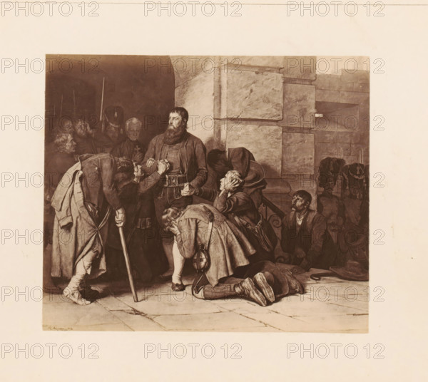 Photo reproduction of a painting, depicting supplicating men (presumably) during a siege, photograph, reproduction, page, photographer: Franz Hanfstaengl, Germany, after painting by Franz von Defregger, in or after 1878 - in or before 1885, paper, albumen print, height 98 mm x width 118 mm, Photo on page 29., siege, despair (of person under sentence of death), A sepia-toned scene shows a group of men gathered in front of a stone wall and steps, many wearing period clothing and cloaks. A bearded man stands near the center holding another man's hand while looking outward; a man nearby leans on a staff with his head bowed. Several figures are kneeling or bent over on the tiled floor, one clutching his face and another prostrate with boots visible. To the right a seated man looks up toward the standing group, and behind him more men and helmets or hats are partially visible in shadow. The stone blocks of the wall show mortar lines and textured surfaces, and the floor is marked by tiles and...