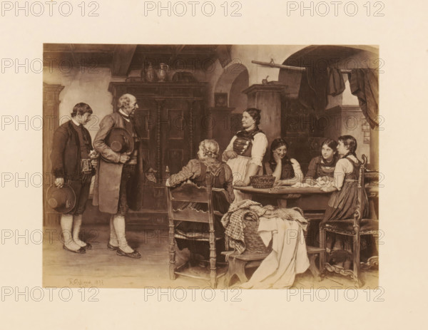 Photo reproduction of a painting, depicting a groom-to-be visiting his bride's family, photograph, reproduction, page, photographer: Franz Hanfstaengl, Germany, after painting by Franz von Defregger, in or after 1877 - in or before 1885, Franz Hanfstaengl, Franz von Defregger, photographer, after painting by, paper, albumen print, height 96 mm x width 133 mm, Photo on page 43., family life at home, requesting the bride's parents' permission, A sepia-toned interior scene showing several people gathered around a wooden table and chairs, with two men standing on the left holding hats, an older woman standing near the center wearing a dress and apron, and younger women seated or leaning at the table with a basket and folded cloths in front of them; a large woven basket with fabric draped over it sits on a small stool in the foreground, a carved wooden cabinet and a fireplace with a mantel and various vessels occupy the background, and heavy draped cloth hangs from a beam on the right.
