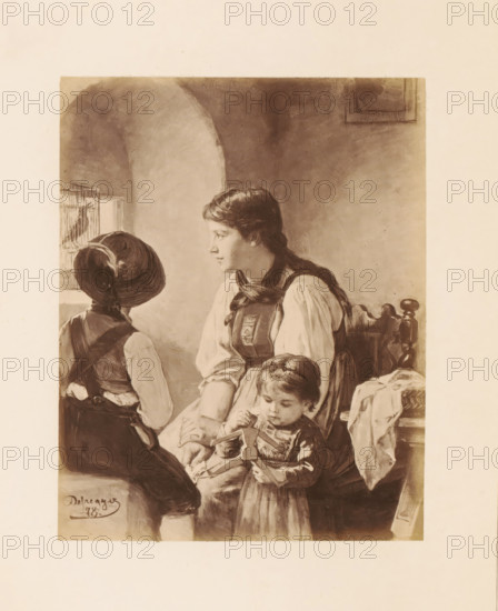 Photo reproduction of a painting, depicting a woman and two children listening to a caged bird, photograph, reproduction, page, photographer: Franz Hanfstaengl, Germany, after painting by Franz von Defregger, in or after 1878 - in or before 1885, paper, albumen print, height 122 mm x width 97 mm, Photo on page 13., mother and child(ren), woman and child(ren) (family group), bird in a cage, A sepia-toned illustration showing three children seated indoors near a small window with a birdcage, a girl with braided hair in traditional clothing looking toward a child wearing a hat who faces the window, and a younger child seated in front holding a wooden toy while looking down; a wooden chair with carved details and a cloth draped over it sits beside them, and the background features a curved wall and a framed picture partially visible on the wall.