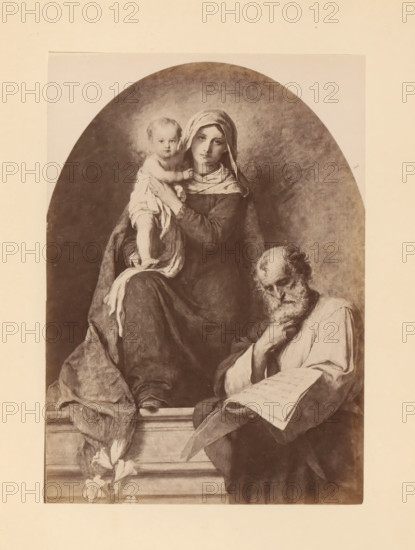 Photo reproduction of a painting, depicting the Holy Family, photograph, reproduction, page, photographer: Franz Hanfstaengl, Germany, after painting by Franz von Defregger, before 1873 - in or before 1883, paper, albumen print, height 136 mm x width 97 mm, Photo on page 31., Holy Family, and derived representations, A monochrome illustration shows a seated woman wearing a head covering and long draped garments holding a young child on her lap, the child wrapped in a light cloth and looking outward while the woman's gaze is forward; beside them a bearded older man in loose robes sits with his head bowed and one hand touching his chin while a sheet with markings rests on his knee; the figures are set within an arched backdrop above a ledge from which a cluster of flowers emerges and draped fabric falls.