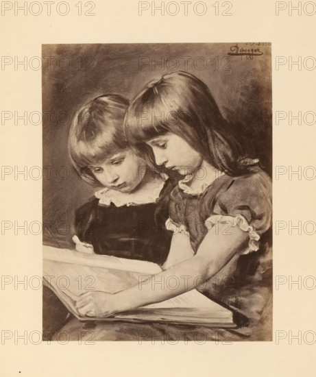 Photo reproduction of a painting, depicting two girls reading a book, photograph, reproduction, page, photographer: Franz Hanfstaengl, Germany, after painting by Franz von Defregger, in or after 1880 - in or before 1883, paper, albumen print, height 127 mm x width 97 mm, Photo on page 33., reading, girl (child between toddler and youth), book - MM - book open, A sepia-toned illustration of two young girls seated closely together, both looking down at an open book held in front of them, with one girl's arm resting on the page; the girls have straight hair with bangs and wear dresses with ruffled collars and sleeves, and the background is a darker shaded area contrasting with the lighter tones of their faces and clothing.