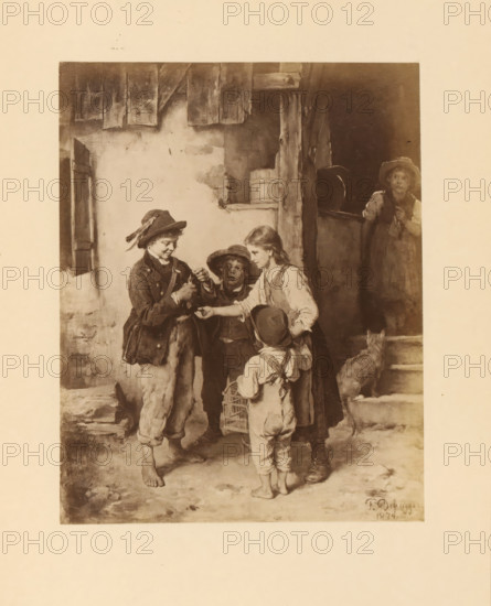 Photo reproduction of a painting, depicting children with a bird, photograph, reproduction, page, photographer: Franz Hanfstaengl, Germany, after painting by Franz von Defregger, in or after 1874 - in or before 1883, paper, albumen print, height 122 mm x width 96 mm, Photo on page 39., birds, child playing with animals, A sepia-toned illustration shows a group of children standing in front of a rough building with wooden siding and a doorway. Four children form a small circle near the foreground, with one barefoot child wearing a jacket and hat extending something toward the others. Another child in a dress or pinafore reaches out while a smaller child with suspenders and a cap holds a cage. A third child in the group stands slightly behind, wearing a hat and looking toward the exchange. To the right, a child stands in the doorway, partially behind a half door, watching the scene. A cat sits on the steps beside the doorway. The ground appears uneven and textured, and the building shows...