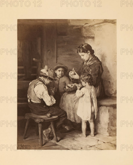 Photo reproduction of a painting, depicting children peeling apples in an interior, photograph, reproduction, page, photographer: Franz Hanfstaengl, Germany, after painting by Franz von Defregger, in or after 1873 - in or before 1883, paper, albumen print, height 129 mm x width 96 mm, Photo on page 5., fruits: apple, cleaning fruit, e.g. peeling, child (at home), interior, representation of a building, A monochrome image of four children gathered near a wooden doorway, with a seated boy wearing a hat and vest peeling or holding a fruit on a small stool, a standing girl in a light dress holding a fruit close to her face, an older girl in a darker dress seated on the steps holding a basket of fruit while peeling one, and a boy with a round face and hat standing between them; the scene shows wooden planks and stone steps in the background, a wooden stool with a round object on it, and worn floor tiles.