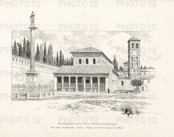 Antique gate, possibly in Rome, page, photomechanical print, inscription: 'Autotypie-Doppeldruck von Meisenbach Riffarth & Co., Berlin- Schöneberg.', Rome, maker: Meisenbach, Riffarth & Cie., Berlin, c. 1888 - in or before 1898, photographer, paper, autotypie, height 120 mm x width 171 mm, Print in section at the back., gate, entrance, A detailed pen-and-ink architectural drawing shows a classical building with a portico supported by columns and a tiled roof, adjacent to a taller structure with arched openings and a clock face, a freestanding column topped by a statue, a low fence with decorative posts in front, tall slender trees rising behind a long wall with arched niches, a paved plaza area with scattered stone block elements and small patches of grass, a lone cloaked figure near the building entrance, and a sky rendered with fine hatchwork and distant birds.