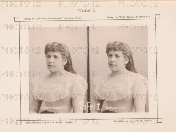 Two portraits of an unknown woman, with and without retouching, page, photomechanical print, number: 'Tafel I.', inscription: 'unretouchirt retouchirt', photographer: Geyer & Fischer, Breslau, clichémaker: anonymous, c. 1880 - in or before 1890, Prussia, Bohemia, paper, collotype, photogravure, height 91 mm x width 126 mm, adult woman, A sepia-toned page showing two nearly identical portrait photographs of a woman placed side by side, each portrait framed by a thin darker border and separated by a vertical darker strip; the woman faces slightly to her left in both images and wears a light-colored lace dress with a scalloped neckline, her hair styled with short bangs and longer hair falling behind her shoulders, and small earrings visible; the page has a wide cream margin with thin rectangular corner lines and printed headings near the top and bottom, and the central portrait area contains a few small blemishes and faint spots.
