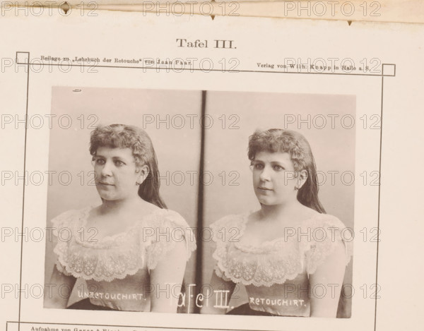 Two portraits of an unknown woman, with and without retouching, page, photomechanical print, inscription: 'unretouchirt retouchirt', number: 'Tafel III.', photographer: Geyer & Fischer, Breslau, clichémaker: anonymous, c. 1880 - in or before 1890, Prussia, Bohemia, paper, collotype, photogravure, height 91 mm x width 126 mm, adult woman, A sepia-toned photograph printed on paper showing two near-identical portraits of a woman placed side by side, each portrait framed by thin black lines and set against a pale background; the woman has wavy, shoulder-length hair pulled back, visible earrings, and a lace-trimmed dress with a scalloped neckline and detailed lace patterning, and the paper shows slight discoloration and small stains near the top edge.