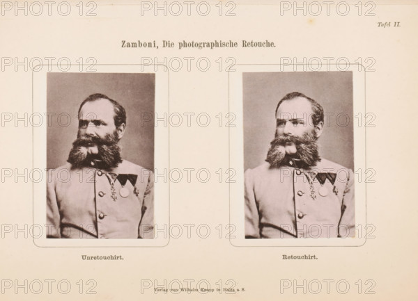 Two portraits of an unknown man with military decorations, with and without retouch, page, photomechanical print, number: 'Tafel II.', inscription: 'Unretouchirt. Retouch.', c. 1878 - in or before 1888, paper, collotype, photoprint, height 160 mm x width 236 mm, old man, decorations, honors (as symbols of the state, etc.), A pale background sheet contains two framed sepia portrait photographs placed side by side, each showing a man from the chest up wearing a light-colored uniform with buttons and several medals pinned to his chest, the man having a prominent full beard and mustache and short hair, with a neutral facial expression, rounded frames around each portrait, and faint border lines and tiny age spots visible on the paper.