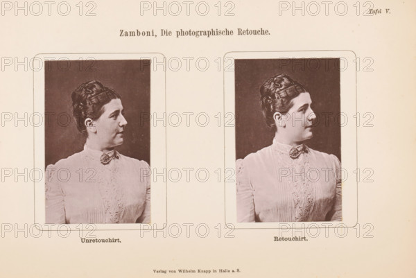 Two portraits of an unknown woman, with and without retouching, page, photomechanical print, inscription: 'Unretouched. Retouched.', number: 'Table V.', c. 1878 - in or before 1888, paper, collotype, photogravure, height 160 mm x width 236 mm, adult woman, Two sepia-toned portrait photographs of the same woman shown from the shoulders up in profile facing right, each framed by a rounded-rectangle border; she has dark hair styled in an updo with visible hairpins and a decorative brooch at the high collar of a light-colored, lace-detailed blouse, and both portrait backgrounds are dark while the surrounding paper is pale.