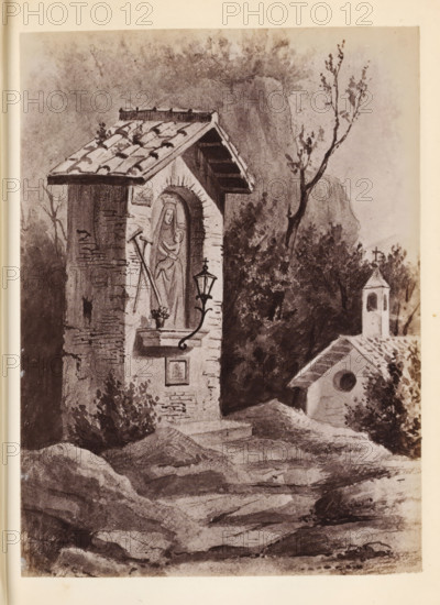 Photo reproduction of a drawing of an outdoor altar, presumably in Italy, photograph, reproduction, page, after drawing by anonymous, c. 1850 - in or before 1860, photographer, paper, albumen print, height 129 mm x width 95 mm, altar, A grayscale drawing of a small stone shrine with a tiled pitched roof and an arched niche containing a carved figure draped in robes, positioned on a rough stone wall with visible bricks and a small ledge holding a flowerpot; an ornate lantern hangs from a curved bracket on the shrine wall, and a narrow path or rocky foreground leads past vegetation and shrubs toward a smaller building with a circular window and a bell tower topped by a cross, while slender trees rise behind the structures against a textured sky.