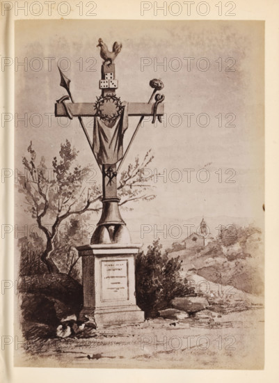 Photo reproduction of a drawing of a cross with references to the Passion of Christ outdoors, presumably in Italy, photograph, reproduction, page, after drawing by anonymous, c. 1850 - in or before 1860, photographer, paper, albumen print, height 134 mm x width 97 mm, the cross, symbols of Christ, A tall stone monument topped by a cross stands in the foreground, with a rooster figure perched on a small block at the top and a crown of thorns hanging from the horizontal beam; a cloth drapes down from the cross and two diagonal supports meet at the central shaft above an ornate pedestal. Trees and bushes surround the base of the monument on one side, and a winding path or road leads into the middle distance where a small building with a steeple is visible amid low hills and scattered vegetation. The scene is rendered in a monochrome, sketch-like style with visible shading and texture across the sky and landscape.