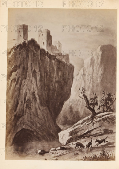 Photo reproduction of a drawing of a fort on a hill, presumably in Italy, photograph, reproduction, page, after drawing by anonymous, c. 1850 - in or before 1860, photographer, paper, albumen print, height 134 mm x width 97 mm, fortress, A monochrome scene of steep rocky cliffs with a fortress perched atop a high precipice, towers and battlements visible against a pale sky, a deep shadowed chasm cutting beneath the cliffs, a lighter sheer rock face opposite the fortress, a sloping foreground ledge with a small gnarled tree and sparse foliage, and several canine figures moving along the rocky shore beside a calm body of water.