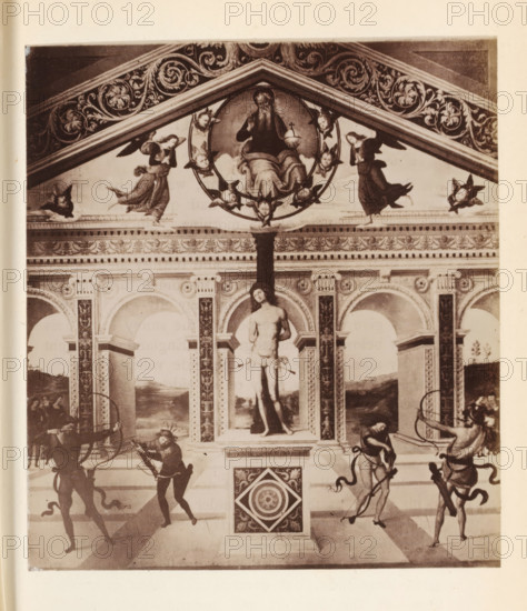 Photo reproduction of probably a fresco of Saint Sebastian, photograph, reproduction, page, Italy, after painting by anonymous, c. 1850 - in or before 1860, photographer, paper, albumen print, height 105 mm x width 94 mm, the martyr Sebastian, possible attributes: arrow(s), bow, tree-trunk, A vertical photograph of a decorative wall featuring an upper triangular pediment with ornate scrolling foliage and a round medallion at its center containing a seated bearded figure surrounded by small winged heads, flanked by angels in flowing robes; below the pediment a frieze with floral motifs tops a row of arched niches supported by decorated columns, the central niche containing a standing male statue with a draped cloth; in the foreground four figures with bows and arrows stand in dynamic poses at the corners, two on each side, against a tiled floor and a pedestal with a square decorative panel at its front.