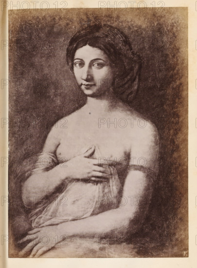 Photo reproduction of a drawing after La Fornarina by Raphael, photograph, reproduction, page, inscription: 'F.', after drawing by anonymous, after painting by Rafaël, c. 1850 - in or before 1860, photographer, paper, albumen print, height 135 mm x width 97 mm, adolescent, young woman, maiden, A monochrome portrait of a young woman shown from the waist up against a dark textured background, with dark hair pulled back and a soft, serene facial expression, one hand resting on her chest holding a sheer drapery while the other hand lies across her lap, bare shoulders and upper torso visible, and subtle shading and wear marks across the surface of the image.