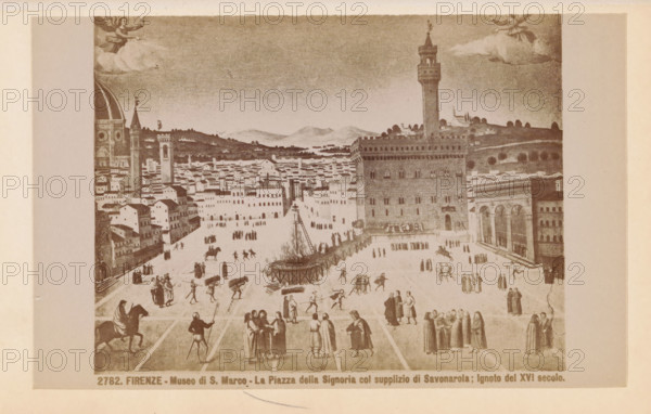 Firenze - Museo di S. Marco - La Piazza della Signoria col supplizio di Savonarola - Ignoto del XVI secolo, Photo reproduction of a painting representing the Piazza della Signoria in Florence with the execution of Girolamo Savonarola, photograph, reproduction, page, photographer: Edizioni Brogi (possibly), Florence, after painting by anonymous, c. 1878 - in or before 1888, Tuscany, paper, albumen print, height 95 mm x width 147 mm, square, circus, death penalty, execution, Piazza della Signoria, A sepia-toned rectangular image depicts a wide open square surrounded by buildings and a tall tower; many small figures populate the square, some grouped in clusters, others walking or standing, with a few on horseback and some carrying objects. A large wooden scaffold or platform with a burning pile and a tall pole is positioned near the center, with ladders and people nearby. On the left a domed building and a tall narrow tower rise above dense rows of smaller structures, while on the right a...