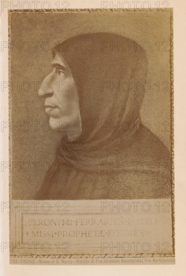 Firenze. Museo di S. Marco - Ritretto di Fra Girolamo Savonarola, Fra Bartolommeo, Photo reproduction of a painting depicting a portrait of Girolamo Savonarola, photograph, reproduction, page, number: '2785.', photographer: Edizioni Brogi (possibly), Florence, after painting by Bartolommeo (Fra), c. 1878 - in or before 1888, Tuscany, paper, albumen print, height 143 mm x width 94 mm, Person, Girolamo Savonarola, historical persons, A sepia-toned portrait showing a person in profile facing left, wearing a hooded garment that covers the head and shoulders, with a prominent nose and defined facial features, the hood and clothing rendered with textured shading against a plain shaded background and framed by a narrow decorative border.