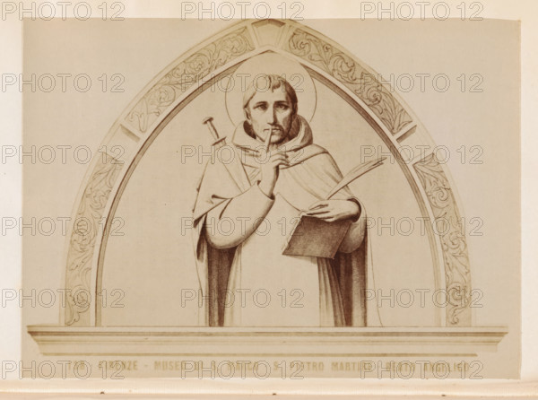 Firenze- Museo di S. Marco - S. Pietro martire - Beato Angelico, Photo reproduction of a print after a fresco depicting Saint Peter of Verona, photograph, reproduction, page, number: '138', San Marco, after print by anonymous, after painting by Fra Angelico, c. 1880 - in or before 1890, photographer, after print by, Florence, Tuscany, paper, albumen print, height 101 mm x width 139 mm, the Dominican friar Peter Martyr of Verona, possible attributes: crucifix, finger at lips, palm, sword (axe or knife) in skull (or breast), wound in head, A sepia-toned drawing of a robed male figure set within an ornate arched frame, the figure shown from the waist up wearing a hooded cloak and holding a book in one hand and a quill in the other, with his other hand raised to his lips in a shushing gesture; a halo encircles his head and a short sword or dagger is visible behind his shoulder, while the arch around him contains decorative floral and foliate carving and a horizontal ledge runs across the l...