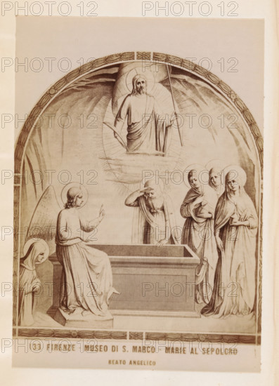 Florence - Museum of St. Mark - Mary in the Tomb Beato Angelico, Photographic reproduction of a print after a fresco, depicting the empty tomb of Mary, photograph, reproduction, page, number: '133', San Marco, after print by anonymous, after painting by Fra Angelico, c. 1880 - in or before 1890, photographer, after print by, Florence, Tuscany, paper, albumen print, height 137 mm x width 97 mm, Mary's tomb filled with flowers, A sepia-toned illustration framed by an arched decorative border shows a central figure with long hair and a beard standing on a cloud, surrounded by radiating lines and holding a long staff, while below five robed figures with halos stand near and around an open rectangular stone sarcophagus; one seated winged figure gestures with an upward hand, one standing figure leans with a hand to the forehead, and three others stand with folded or resting hands and solemn facial expressions, all draped in flowing garments with soft folds and shaded contours against a textu...