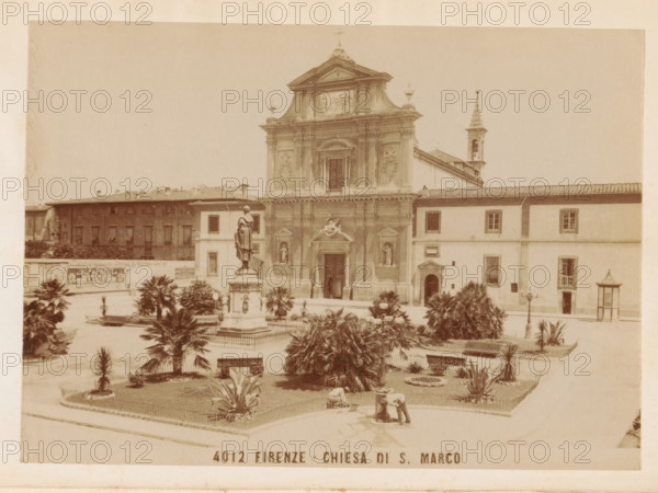 The monastery of San Marco, book, inscription: 'ex libris SFJ', inscription: 'G Giannini books binder Florence Piazza Pitti 19.20.', writer (clerical worker): Georgina Sarah Godkin, publisher: G. Barbèra, Florence, 1890, writer (clerical worker), Tuscany, pasteboard, parchment (animal material), biological material, paper, vellum (parchment), printing, albumen print, color on cut, height 185 mm x width 130 mm x thickness 17 mm, A sepia photograph shows a classical church façade with ornate architectural details, a central entrance framed by columns and niches containing statues, a triangular pediment at the top, and a bell tower with a spire visible to the right; in front of the church a raised square contains a statue of a robed figure on a pedestal surrounded by a low fence and planted beds with palms and other shrubs, pathways, lamp posts, and a small fountain where a person leans over; adjoining buildings with rectangular windows flank the church and a longer block of buildings str...