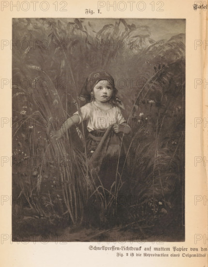 Photo reproduction of a painting, depicting a girl among bushes, reproduction, page, photomechanical print, number: 'Fig. 1.', inscription: 'Schnellpressen-lichtdruck auf mattem Papier, Delgemäldes', photographer: Joseph Albert (possibly), Munich, cliché maker: anonymous, c. 1875 - in or before 1885, Bavaria, paper, collotype, light print, height 120 mm x width 94 mm, girl (child between toddler and youth), shrubs, A monochrome illustration of a young child standing among tall grasses and plants, wearing a headscarf and a light blouse with short sleeves, holding a bundle of stalks in one hand and a piece of cloth or skirt with the other, with a backdrop of dense foliage and blurred vegetation.