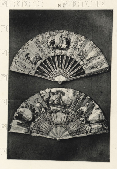 Two fans, page, photomechanical print, number: 'Pl 47', Barcelona (city), c. 1880 - in or before 1881, Catalonia, paper, collotype, photoprint, height 156 mm x width 104 mm, fan, A photographic print showing two decorative folding fans arranged one above the other against a dark background, each fan opened to display painted scenes and patterned ribs; the upper fan has floral motifs and a central vignette with human figures, ornate ribs with circular and linear designs, and a scalloped guard, while the lower fan features larger figurative scenes with people in landscape settings, intricately carved or pierced ribs with repeating ornamental patterns, and a rounded central fastening at the base.