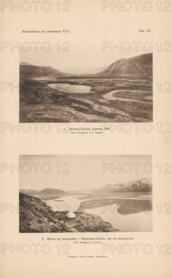 Itivnek-Dalens yderste Del, Elven og Lerbanker i Majorkak-Dalen. set fra Sisorartut, Two views of valleys in Greenland, page, photomechanical print, number: '1. 2.', number: 'Attn. VI.', Greenland, cliché maker: Pacht & Crone, c. 1883 - in or before 1888, photographer, paper, collotype, photoprint, height 229 mm x width 143 mm, Prints opposite page 98., dale, valley, A sepia-toned page shows two rectangular landscape photographs one above the other, each framed by a pale margin on aged paper; the upper photograph depicts a wide valley with winding water channels and low rocky hills in the foreground and a steep mountainside rising on the right, while the lower photograph shows a similar riverscape with a foreground rocky promontory, broad braided river sandbanks, and distant snow-dusted mountains under a pale sky.