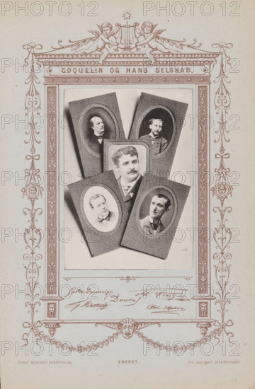 Composition of five photographs of French artists, page, photomechanical print, inscription: 'Gaston, Moisson', maker: Wilhelm Pacht, printer (person): Edvin Jantzen, publisher: Ernst Bojesen, c. 1872 - c. 1882, printer (person), paper, collotype, photogravure, height 90 mm x width 64 mm, Person, Adolphe Martin, Gaston Dumoraize, Abel Moisson, Raoul Donval, Fraizier, portrait of artiste (dancer, actor, etc.), A decorative printed page with an ornate border in a reddish-brown ink, featuring symmetrical flourishes, scrollwork, and cherub figures at the top; within the border is a central photographic collage of five oval portrait photographs mounted on textured rectangular frames arranged in a layered fan shape, each showing a bust or head-and-shoulders view of a man wearing formal clothing and displaying varied facial hair styles and expressions; below the collage are several handwritten signatures in ink, and additional decorative elements and small printed credits appear near the bott...