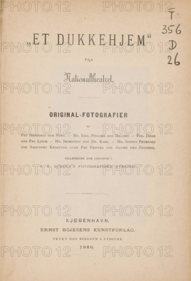Et dukkehjem' paa Nationaltheatret, book, publisher: Ernst Bojesens Kunstforlag, Copenhagen (city), 1880, Ernst Bojesens Kunstforlag, publisher, textile materials, pasteboard, paper, linen (material), printing, albumen print, height 190 mm x width 129 mm x thickness 6 mm, A faded page with a warm beige paper texture and darker edges, showing a large centered heading area and several lines of printed lines in varied typefaces and sizes; the top right margin has several handwritten marks in dark ink running vertically; faint horizontal blemishes and small spots appear across the page, along with a thin decorative line near the middle; the paper shows subtle vertical crease and edge wear on the left side and overall slight discoloration from age.