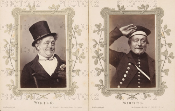 Portrait of Joachim Ludvig Phister as Mikkel from De Danske i Paris, Mikkel, photograph, page, inscription: 'Eneberettiget De Danske i Paris, 1st Act, 10th Scene.', photographer: Harald Paetz, c. 1862 - c. 1872, paper, albumen print, albumendruk, height 91 mm x width 57 mm, Person, Joachim Ludvig Phister, portrait of actor, actress, stage costume, A sepia-toned image shows two framed portrait photographs side by side, each surrounded by an ornate border with botanical illustrations of leaves and flowers; the left portrait features a smiling older man wearing a tall top hat, a dark coat, a light shirt with a bow at the collar, and holding a small flower near his chest, his face showing a cheerful expression and slightly upturned mouth; the right portrait shows an older man wearing a dark hat with a light band, a dark buttoned coat with a diagonal strap across the chest, and his hand raised near his head in a salute-like gesture, his face showing a subtle smile and a small mustache and g...