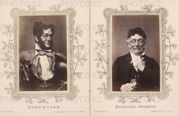 Barding, Procurator, Portrait of Joachim Ludvig Phister as a procurator with a pipe from Soldaterlöier, photograph, page, inscription: 'Eneberettiget Soldaterlöier, 1st Scene.', photographer: Harald Paetz, c. 1862 - c. 1872, paper, albumen print, albumendruk, height 91 mm x width 58 mm, Person, Joachim Ludvig Phister, portrait of actor, actress, stage costume, A sepia-toned image shows two framed portrait photographs side by side on a decorative page with floral vine borders; the left portrait depicts a man with dark tousled hair and prominent sideburns wearing a checked jacket, a high collared shirt, and a large tied cravat, his gaze turned slightly to the side and one hand holding an object at his waist, while the right portrait shows an older man with tousled hair and pronounced facial lines wearing a dark coat and waistcoat, holding a small glass in one hand and a pipe in the other which he brings toward his mouth, both portraits set against plain studio backdrops.