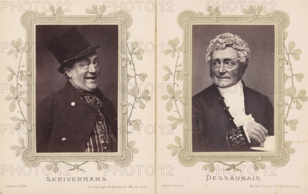 Skriverhans, Portrait of Joachim Ludvig Phister as a writer from Eventyr paa fodreisen, photograph, page, inscription: 'Eneberettiget Eventyr paa fodreisen, 1st Act, 3rd Scene.', photographer: Harald Paetz, c. 1862 - c. 1872, paper, albumen print, albumendruk, height 91 mm x width 58 mm, Person, Joachim Ludvig Phister, portrait of actor, actress, stage costume, A sepia-toned image shows two framed portrait photographs side by side on a patterned background with botanical border illustrations. The left portrait features a man wearing a tall hat and a dark coat with visible buttons, a patterned shirt beneath, and a smiling expression with visible teeth and crinkled eyes. The right portrait shows an older man with curly hair and sideburns, wearing a dark coat and a light-colored cravat or neckcloth, with one hand partially visible near his chest and a contemplative facial expression. Both portraits are set within ornate rectangular frames decorated with leaves and floral motifs.