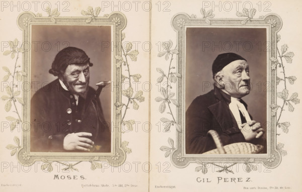 Moses, Portrait of Joachim Ludvig Phister as Moszes, photograph, page, inscription: 'Eneberettiget Bagtaletsens Skote, 3die Akt, 2den Scene.', photographer: Harald Paetz, c. 1862 - c. 1872, paper, albumen print, albumendruk, height 91 mm x width 58 mm, Person, Joachim Ludvig Phister, portrait of actor, actress, stage costume, The image shows two sepia-toned portrait photographs side by side, each framed by a decorative floral border with leaves and flowers; the left portrait depicts a man in a dark coat and hat with a textured brim, smiling and looking slightly to his right while one hand rests near his chest and the other hand is partially visible, and a small curved pipe appears near his shoulder; the right portrait shows an older man wearing a dark cap and coat with a light-colored neckpiece, looking upward and to his left with hands clasped together near his chest and a woven basket partially visible in the lower foreground.