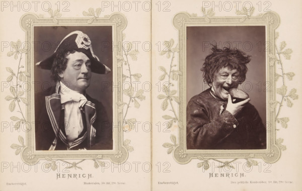 Portrait of Joachim Ludvig Phister as Henrich, Henrich, photograph, page, inscription: 'Eneberettiget Maskeraden. 3rd Act. 2nd Scene.', photographer: Harald Paetz, c. 1862 - c. 1872, paper, albumen print, albumendruk, height 91 mm x width 57 mm, Person, Joachim Ludvig Phister, portrait of actor, actress, stage costume, Two sepia-toned portrait photographs are displayed side by side within ornate rectangular frames decorated with leaf and floral motifs. The left portrait shows a man in a dark coat with light trim and a high white cravat, wearing a bicorne hat with a decorative emblem, his face turned slightly to the side with a composed expression and neatly curled hair at the temples. The right portrait shows a disheveled man with unkempt hair and a lively expression, holding a round object close to his mouth as if biting it, wearing a worn, dark jacket with a visible button on the sleeve.