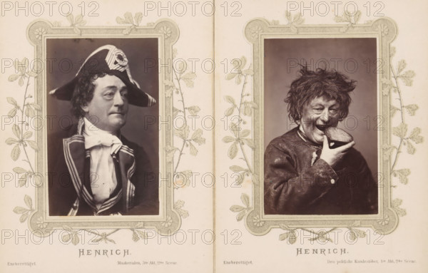 Henrich, Portrait of Joachim Ludvig Phister as Henrich from Den Politiske Kandestøber, photograph, page, inscription: 'Eneberettiget Den Politiske Kandestøber. 1st Act. 2nd Scene.', photographer: Harald Paetz, c. 1862 - c. 1872, paper, albumen print, albumendruk, height 90 mm x width 58 mm, Person, Joachim Ludvig Phister, portrait of actor, actress, stage costume, Two framed vintage portrait photographs are shown side by side on a decorative page with botanical border illustrations. The left portrait shows a man in a dark coat with light trim and a high-collared shirt, wearing a tricorn-style hat with a ribbon rosette, his head turned slightly to the side and a neutral expression on his face. The right portrait shows a man with tousled hair and a worn dark jacket, holding a piece of bread or pastry to his mouth and smiling with an open mouth. The ornate frames around each photograph feature floral and leaf motifs, and the background of the page is a light, aged paper.