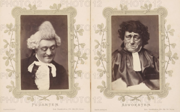 Pedants, Portrait of Joachim Ludvig Phister as a scholar from Den Stundesløse, photograph, page, inscription: 'Eneberettiget Den Stundeslöse. 2nd Act. 2nd Scene.', photographer: Harald Paetz, c. 1862 - c. 1872, paper, albumen print, albumendruk, height 91 mm x width 58 mm, Person, Joachim Ludvig Phister, portrait of actor, actress, stage costume, A horizontal image shows two framed portrait photographs side by side on a pale background with decorative floral borders around each frame. The left portrait depicts a person with light, curly hair styled upward, eyes cast downward, and a small smile, wearing a dark garment with a light ruffled front and a tied neckpiece. The right portrait shows a person with dark curly hair, a somber expression with furrowed features, and a dark robe with a light rectangular neck piece. The decorative borders around each portrait include leafy vine motifs and rounded corners.