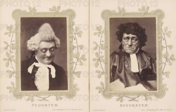 Portrait of Joachim Ludvig Phister as a lawyer from Den Stundesløse, Advokaten, photograph, page, inscription: 'Eneberettiget Den Stundeslöse. 2nd Act. 9th Scene.', photographer: Harald Paetz, c. 1862 - c. 1872, paper, albumen print, albumendruk, height 91 mm x width 58 mm, Person, Joachim Ludvig Phister, portrait of actor, actress, stage costume, A printed page shows two framed vignette portraits side by side, each within an ornate rectangular border decorated with floral and leaf motifs. The left portrait depicts a person with light-colored, curled hair styled upward, looking downward with a slight smile, wearing a dark coat and a light ruffled garment at the neck with a tied ribbon. The right portrait depicts a person with dark, curly hair and a solemn expression, wearing a dark draped garment and a light rectangular neckpiece. The surrounding page has a pale background with faint decorative elements and printed headings beneath each framed portrait.