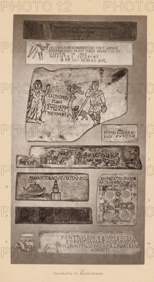 Gravskrifter fra Katakomberne, Ten funerary inscriptions from the Catabombs of Rome, photograph, page, number: '1, 10', Rome, c. 1876 - in or before 1886, photographer, paper, carbon print, height 167 mm x width 90 mm, funerary ceremonial, inscription, The image shows a tall vertical sheet with multiple rectangular stone plaques arranged in a column, each plaque containing carved figures and decorative motifs. At the top is a narrow dark plaque with simple tool-like shapes on its ends. Below it is a lighter rectangular panel with small carved objects and a bird to one side. The next larger plaque displays a ragged-edged stone with two standing human figures separated by a tree and a small animal, the left figure wearing a long garment with an upraised hand and the right figure holding a staff and wearing patterned leg coverings. To the side of this stone is a small square panel with a bell-like object and a tiny figure. Further down is a long horizontal band showing a sequence of small...