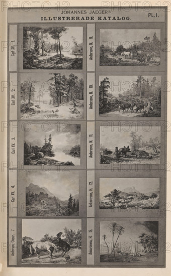 Photo reproduction of ten paintings of landscapes and animals, Johannes Jaeger's Illustrerade Katalog, reproduction, page, photomechanical print, number: 'PL. I.', photographer: Johannes Jaeger, Stockholm, clichémaker: anonymous, after painting by Charles XV (King of Sweden and Norway), c. 1872 - c. 1882, Johannes Jaeger, Charles XV (King of Sweden and Norway), photographer, clichémaker, after painting by, paper, collotype, photoprint, height 182 mm x width 110 mm, picture, painting, A tall vertical sheet divided into a grid of rectangular framed images, each frame containing a different monochrome landscape or rural scene. The top border shows a wide band with dark shading and rectangular panels, and below it the grid is arranged in two narrow vertical columns of framed vignettes separated by a central vertical strip. The left column displays scenes including forested river views with trees on rocky banks, a snowy wooded clearing, a calm lake bordered by conifers, a mountain valley wi...