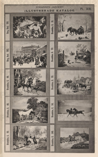 Photo reproduction of ten paintings, Johannes Jaeger's Illustrerade Catalog, reproduction, page, photomechanical print, number: 'PL. XIII.', photographer: Johannes Jaeger, Stockholm, cliché maker: anonymous, after painting by Gustaf Brandelius, c. 1872 - c. 1882, Johannes Jaeger, Gustaf Brandelius, photographer, cliché maker, after painting by, paper, collotype, photoprint, height 181 mm x width 110 mm, picture, painting, horse, A tall printed page divided into a grid of rectangular panels, each panel containing a sepia-toned illustration. The top banner has a centered heading with bold lettering and a plate designation at the right. The left and right margins contain narrow vertical strips with small printed labels beside each row of illustrations. The illustrations depict a variety of scenes including nude figures reclining among foliage, a horse-drawn sleigh carrying people through a snowy landscape, a busy snowy marketplace with buildings and groups of people, a rural lane with a s...
