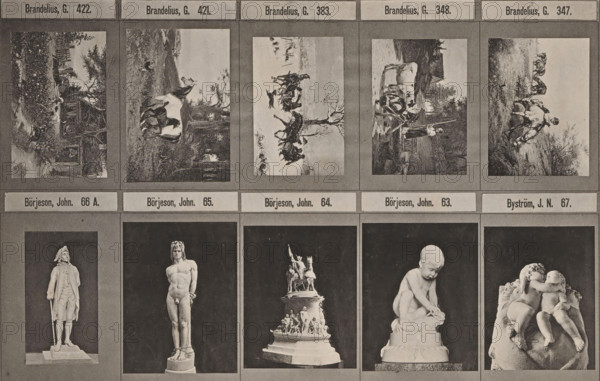 Photo reproduction of five paintings with animals and five sculptures, Johannes Jaeger's Illustrerade Katalog, reproduction, page, photomechanical print, number: 'PL. XIV.', photographer: Johannes Jaeger, Stockholm, clichémaker: anonymous, after sculpture by John Börjeson, c. 1872 - c. 1882, Johannes Jaeger, John Börjeson, photographer, clichémaker, after sculpture by, paper, collotype, photoprint, height 180 mm x width 110 mm, sculpture, picture, painting, A grid of framed images arranged in rows and columns, each frame containing either a landscape painting or a photograph of a sculpture. The top row shows five landscape scenes with rural subjects including trees, figures, farm animals, and cottages, rendered in muted tones. The bottom row displays five sculpture photographs on dark backgrounds, featuring a standing historical figure with a cane, a nude male statue on a pedestal, an ornate multi-figure fountain atop a tiered base, a seated child figure on a rounded plinth, and two em...
