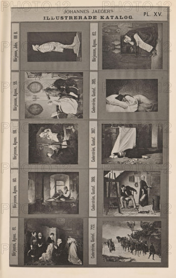 Photo reproduction of a sculpture and nine paintings, Johannes Jaeger's Illustrerade Catalog, reproduction, page, photomechanical print, number: 'PL. XV.', photographer: Johannes Jaeger, Stockholm, cliché maker: anonymous, after painting by Agnes Börjeson, c. 1872 - c. 1882, Johannes Jaeger, Agnes Börjeson, photographer, cliché maker, after painting by, paper, collotype, photoprint, height 181 mm x width 110 mm, sculpture, picture, painting, A vertical sheet divided into a grid of framed rectangular images, each frame containing a grayscale illustration of people or scenes; the top has a wide header band with centered bold lettering and decorative trim; the left and right margins show narrow vertical bands with small framed labels beside each image. The images depict a variety of indoor and outdoor scenes, including a full-length figure standing on a pedestal, seated figures in domestic interiors, people engaged in conversation, a woman reclining on a couch, a man lying on the floor ne...