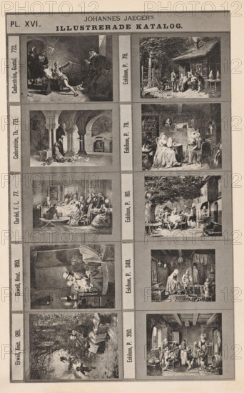 Photo reproduction of ten paintings, mainly genre scenes, Johannes Jaeger's Illustrerade Katalog, reproduction, page, photomechanical print, number: 'PL. XVI.', photographer: Johannes Jaeger, Stockholm, clichémaker: anonymous, after painting by Per Eskilson, c. 1872 - c. 1882, Johannes Jaeger, Per Eskilson, photographer, clichémaker, after painting by, paper, collotype, photogravure, height 180 mm x width 110 mm, picture, painting, A vertical printed sheet with a grid of small rectangular grayscale illustrations framed by borders, showing scenes of people in various indoor and outdoor settings; columns of portraits and group scenes include figures seated at tables, people gathered outside a rustic cabin under trees, a woman sewing or reading in a cluttered interior, domestic interiors with furniture and musical instruments, religious or historical interiors with arches and columns, and small genre scenes of households and gatherings, all rendered in detailed etching or engraving style ...
