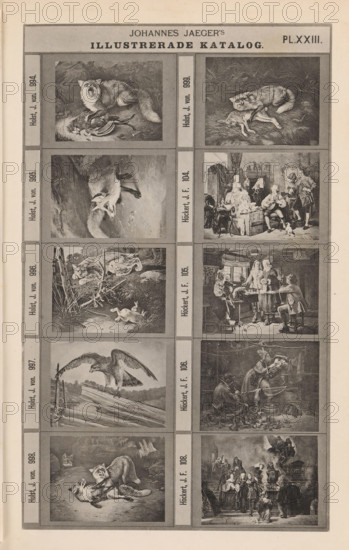 Photo reproduction of ten paintings of animals and historical scenes, Johannes Jaeger's Illustrerade Catalog, reproduction, page, photomechanical print, number: 'PL. XXIII.', photographer: Johannes Jaeger, Stockholm, cliché maker: anonymous, after painting by Johan Fredrik Höckert, c. 1872 - c. 1882, Johannes Jaeger, Johan Fredrik Höckert, photographer, cliché maker, after painting by, paper, collotype, photoprint, height 180 mm x width 109 mm, picture, painting, beasts of prey, predatory animals: fox, A vertical page divided into a grid of paired rectangular illustrations separated by narrow borders, showing a variety of detailed black-and-white scenes. The left column features animal scenes including a fox with an open mouth standing over prey, a fox in a rocky landscape, a fox leaping toward a rabbit near grass and reeds, a large bird of prey perched with wings partially spread on a log, and two foxes engaged on the ground. The right column contains interior genre scenes and other s...