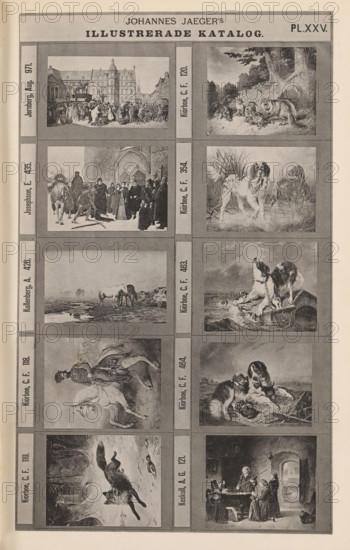 Photo reproduction of ten paintings of animals and historical scenes, Johannes Jaeger's Illustrerade Catalog, reproduction, page, photomechanical print, number: 'PL. XXV.', photographer: Johannes Jaeger, Stockholm, cliché maker: anonymous, after painting by Carl Fredrik Kiörböe, c. 1872 - c. 1882, Johannes Jaeger, Carl Fredrik Kiörböe, photographer, cliché maker, after painting by, paper, collotype, photoprint, height 181 mm x width 110 mm, picture, painting, dog, beasts of prey, predatory animals: fox, A tall, narrow printed page divided into a grid of rectangular panels, each panel containing a detailed black-and-white illustration; visible illustrations include a crowded town square scene with many figures and buildings, a wooded area with several resting dogs, a group of people gathered near a large arched doorway with a mounted rider nearby, a wetland scene showing a dog standing in shallow water with reeds, a coastal or shoreline scene with a horse and foal standing on rocky grou...