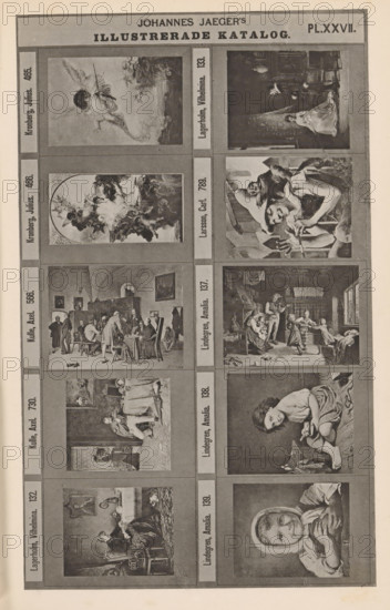 Photo reproduction of ten paintings, Johannes Jaeger's Illustrerade Catalog, reproduction, page, photomechanical print, number: 'PL. XXVII.', photographer: Johannes Jaeger, Stockholm, cliché maker: anonymous, after painting by Amalia Lindegren, c. 1872 - c. 1882, Johannes Jaeger, Amalia Lindegren, photographer, cliché maker, after painting by, paper, collotype, light print, height 179 mm x width 109 mm, picture, painting, A vertically oriented printed page divided into a grid of rectangular frames containing reproductions of various artworks, with a narrow border and a large heading centered at the top; each framed image shows different scenes including figures in interiors, children, groups of people interacting, and a reclining winged figure, all rendered in monochrome tones; narrow vertical strips between columns contain small vertical captions next to each image; the overall paper shows slight uneven toning and faint creases.