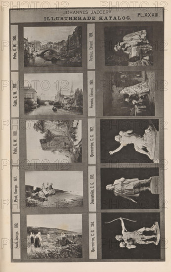 Photo reproduction of seven paintings and three sculptures, Johannes Jaeger's Illustrerade Catalog, reproduction, page, photomechanical print, number: 'PL. XXXIII.', photographer: Johannes Jaeger, Stockholm, cliché maker: anonymous, after sculpture by Carl Gustaf Qvarnström, c. 1872 - c. 1882, Johannes Jaeger, Carl Gustaf Qvarnström, photographer, cliché maker, after sculpture by, paper, collotype, light print, height 182 mm x width 110 mm, sculpture, picture, painting, A vertically oriented page with a grid of framed rectangular images arranged in two vertical columns, each column containing several smaller rectangular illustrations; the left column shows landscape and coastal scenes including bridges over canals, boats and sails on water, rocky shoreline views with figures, and groups of people working in fields, while the right column displays a variety of figurative and sculptural images including clothed figures in interaction, a reclining or kneeling statue of entwined figures, a...