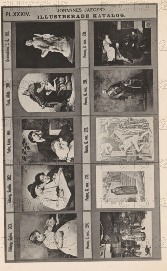 Photo reproduction of ten sculptures, paintings, prints, and photographs, Johannes Jaeger's Illustrerade Katalog, reproduction, page, photomechanical print, number: 'PL. XXXIV.', photographer: Johannes Jaeger, Stockholm, cliché maker: anonymous, after sculpture by Johan Georg Otto Graf von Rosen, c. 1872 - c. 1882, Johannes Jaeger, Johan Georg Otto Graf von Rosen, photographer, cliché maker, after sculpture by, paper, collotype, photogravure, height 181 mm x width 110 mm, sculpture, picture, painting, print, eg: engraving, etching, lithograph, photograph, A vertical sheet divided into three columns of rectangular panels showing grayscale illustrations and framed by thin borders; the top has a wide header band with centered large lettering and a smaller band above it, and each illustration panel contains a different scene including a statue of a reclining figure on a pedestal, a domestic interior with three seated and standing figures, a woman in draped clothing kneeling by rocks beside...