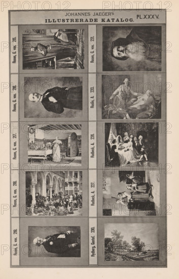 Photo reproduction of ten paintings, prints and possibly photographs, Johannes Jaeger's Illustrerade Katalog, reproduction, page, photomechanical print, number: 'PL. XXXV.', photographer: Johannes Jaeger, Stockholm, clichémaker: anonymous, after sculpture by Johan Georg Otto Graf von Rosen, c. 1872 - c. 1882, Johannes Jaeger, Johan Georg Otto Graf von Rosen, photographer, clichémaker, after sculpture by, paper, collotype, photogravure, height 181 mm x width 110 mm, picture, painting, print, eg: engraving, etching, lithograph, photograph, A vertical sheet with a grid of rectangular framed images arranged in columns and rows, each frame containing grayscale illustrations of people, interiors, portraits, and a landscape; a wide header band at the top contains a centered uppercase title, and narrow vertical bands beside each row contain small vertical labels; the left column shows varied scenes including standing figures in formal dress, an interior with a woman near a table, a crowded cou...